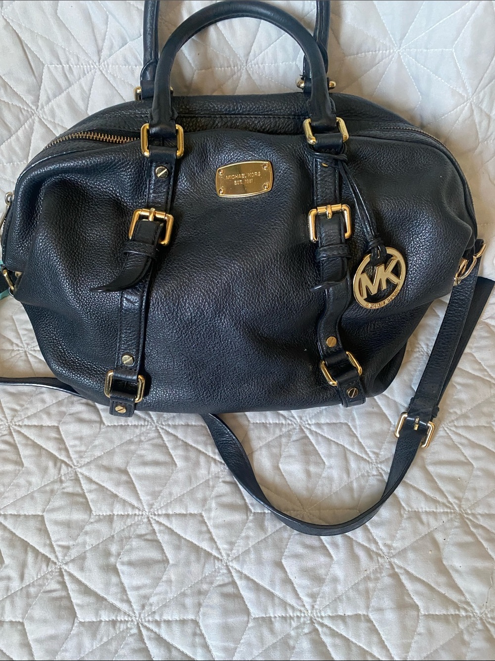 Michael Kors Black Leather Satchel with Gold Accents